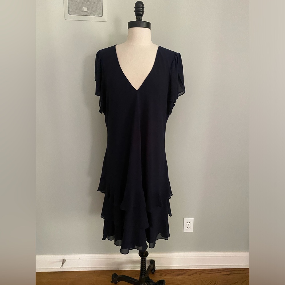 Ralph Lauren navy dress with ruffles hem and tulip sleeves. EUC